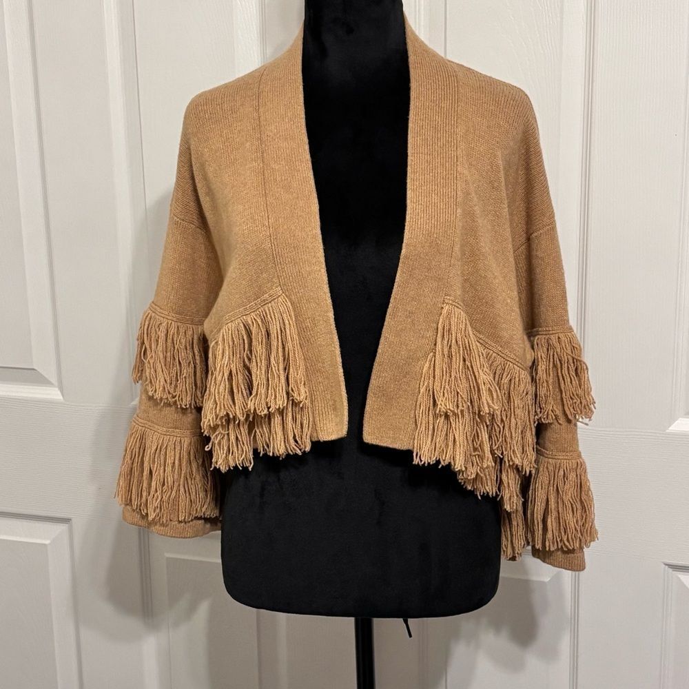 BCBG Max Azria Camel Fringe Crop Open Front Sweater Shrug Poncho Brown Size XS